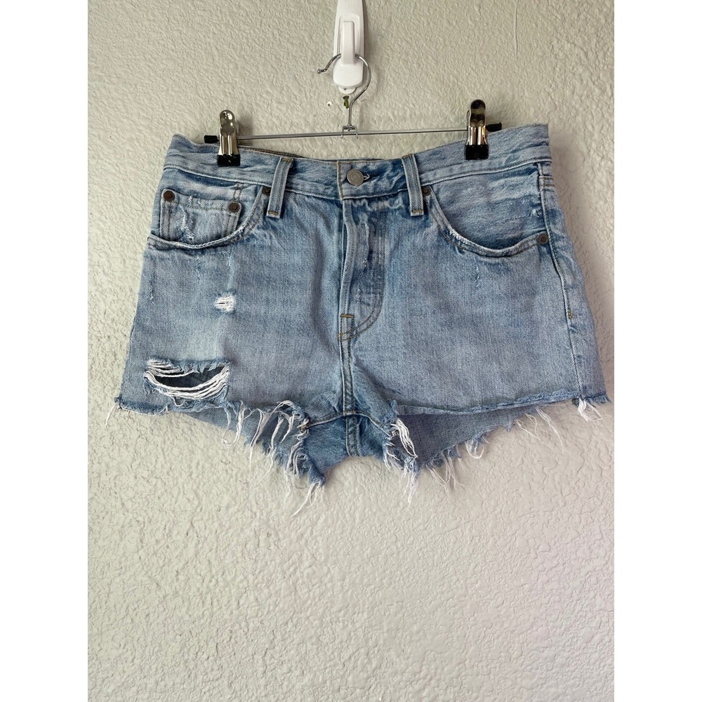 Levi's Premium 501‎ Denim Shorts Distressed Frayed Hem Blue Womens